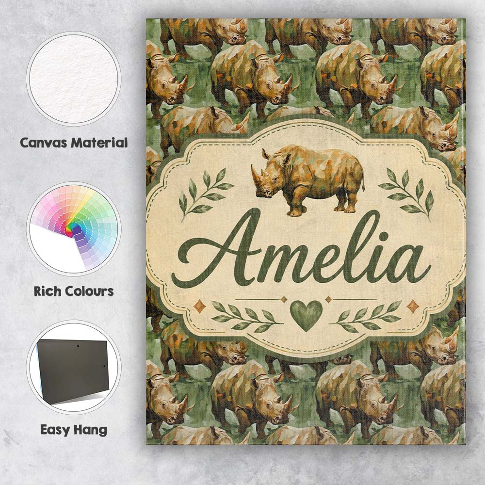 Personalised Name Artistic Painted Rhino in Custom  Bespoke Interior Contemporary Canvas Wall Art Print Decor Picture Ready to Hang