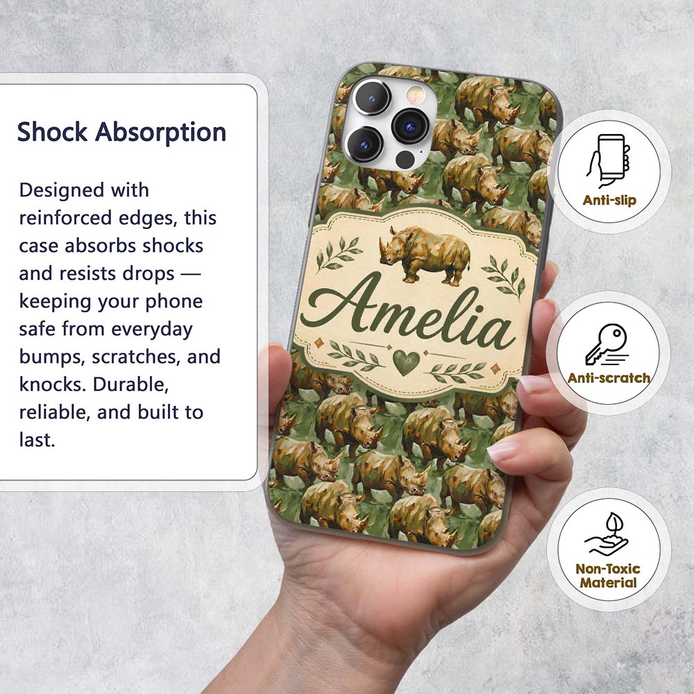 Artistic Painted Rhino in Natural Green Tones Custom Name Protective Phone Case Mobile Cover Durable Everyday Smartphone Shock Resistant