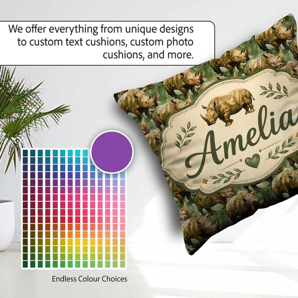 Custom Name Artistic Painted Rhino in Natural Green Pattern Name Square Filled Cushion Throw Pillow Sofa Bed Home Decor Zip Washable UK Made