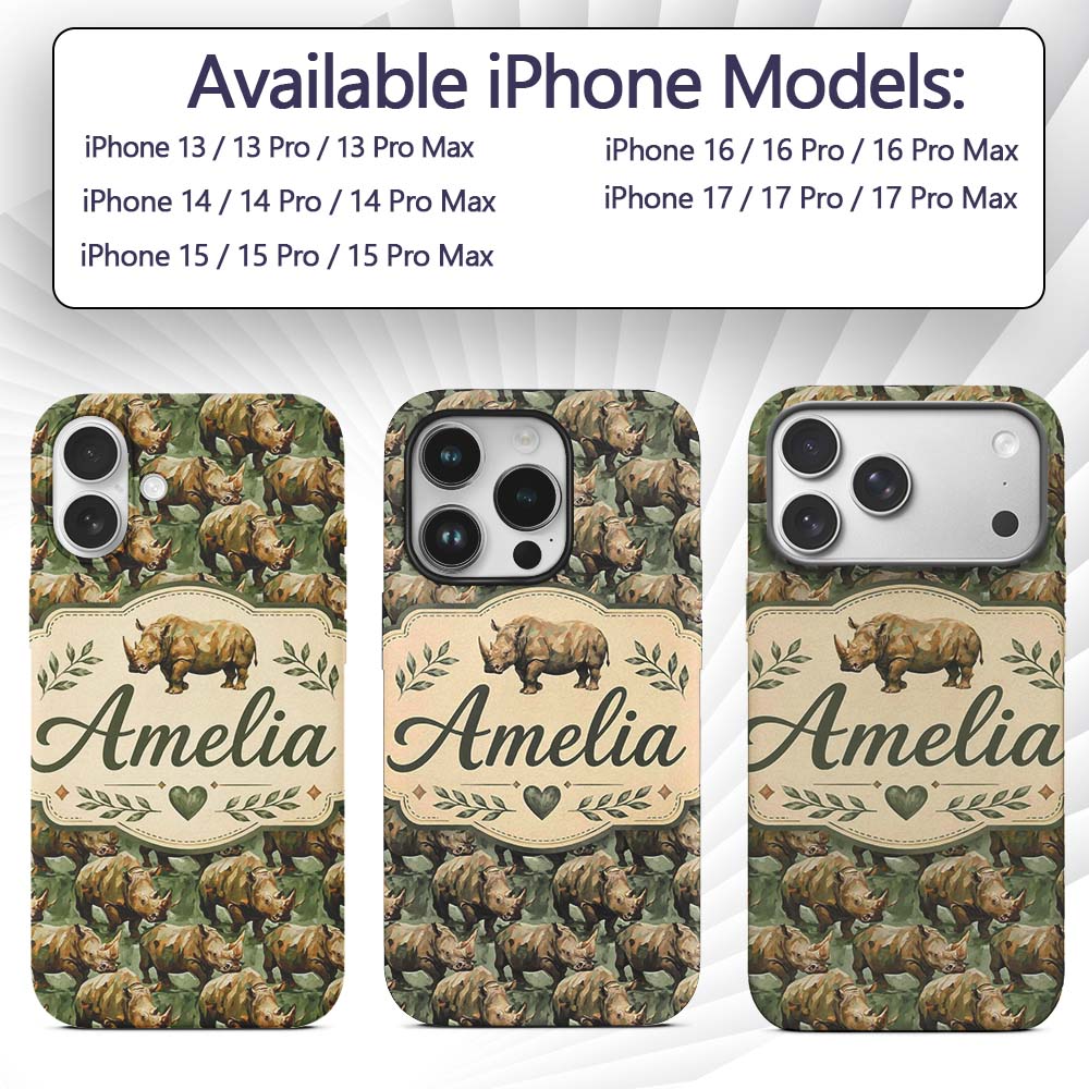 Artistic Painted Rhino in Natural Green Tones Custom Name Protective Phone Case Mobile Cover Durable Everyday Smartphone Shock Resistant