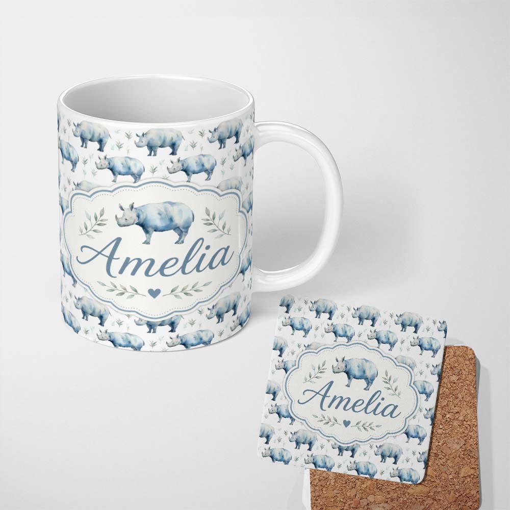 Personalized Custom Name Soft Blue Watercolor Rhino with Minimal Leaves Seamless Pattern 11oz Ceramic Coffee Tea Mug White Large Handle