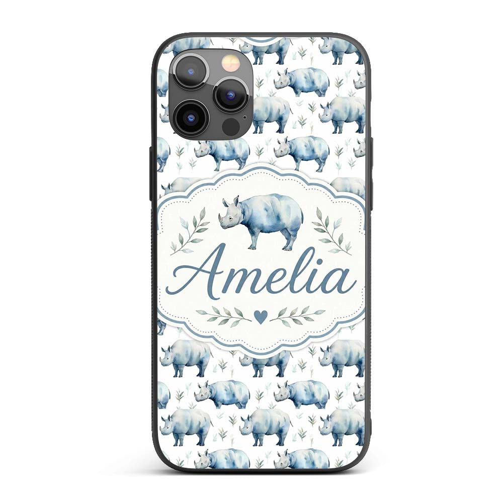 Soft Blue Watercolor Rhino with Minimal Leaves Custom Name Protective Phone Case Mobile Cover Durable Everyday Smartphone Shock Resistant