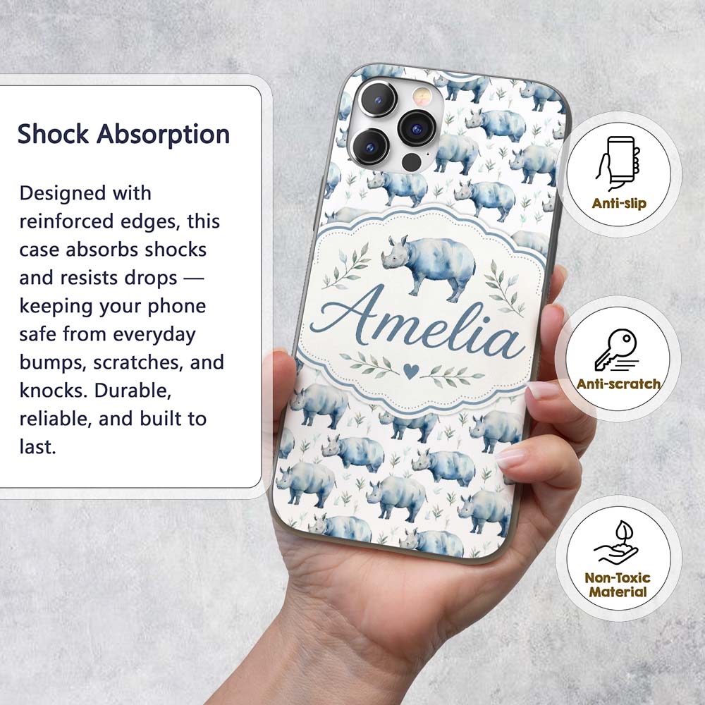 Soft Blue Watercolor Rhino with Minimal Leaves Custom Name Protective Phone Case Mobile Cover Durable Everyday Smartphone Shock Resistant