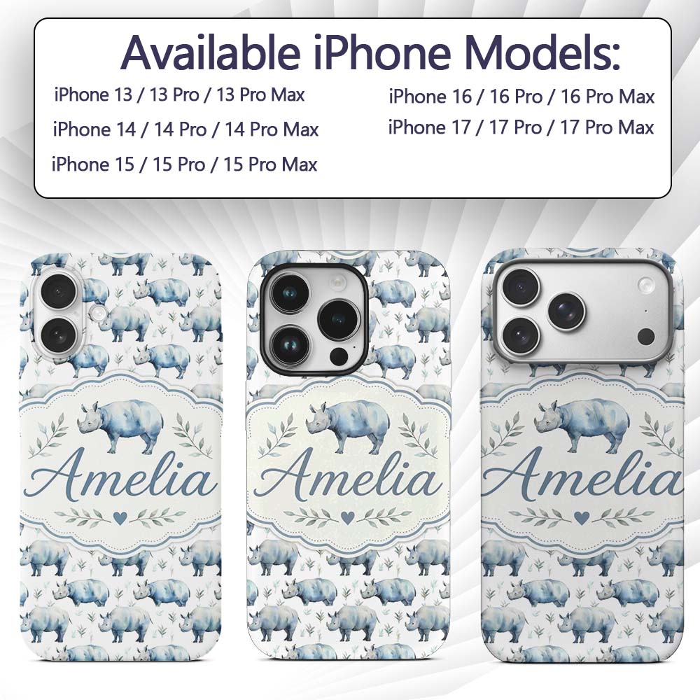 Soft Blue Watercolor Rhino with Minimal Leaves Custom Name Protective Phone Case Mobile Cover Durable Everyday Smartphone Shock Resistant