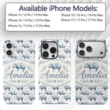 Soft Blue Watercolor Rhino with Minimal Leaves Custom Name Protective Phone Case Mobile Cover Durable Everyday Smartphone Shock Resistant