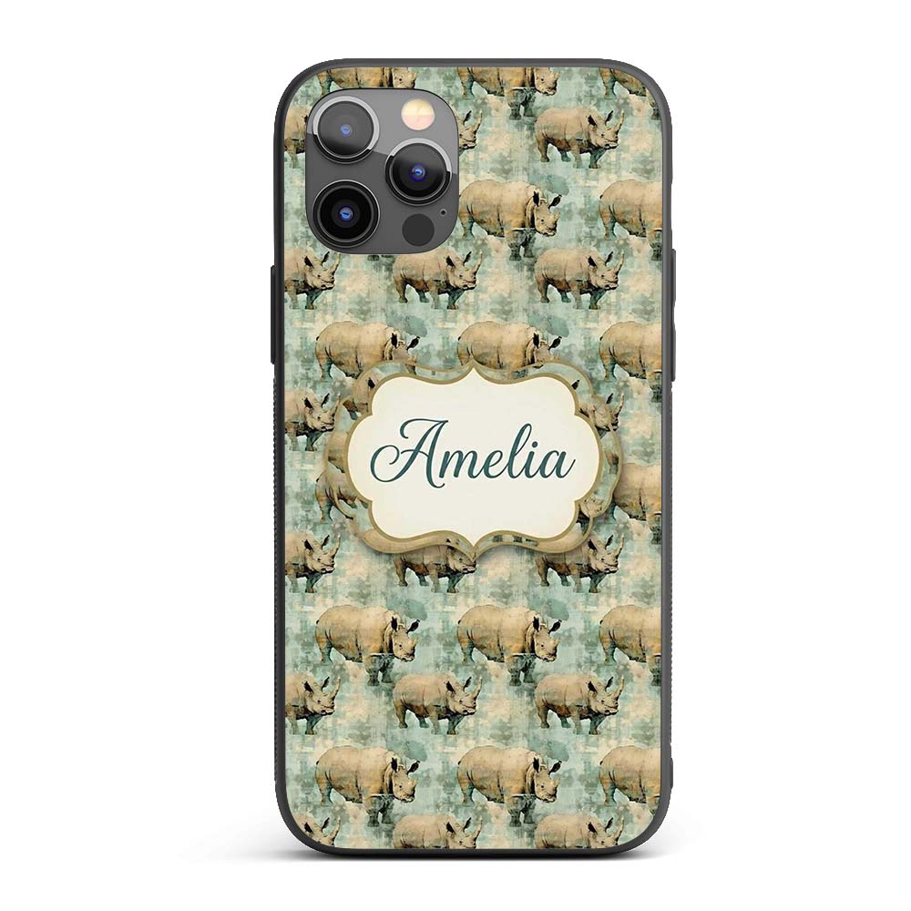 Vintage Textured Rhino Illustration in Earthy Custom Name Protective Phone Case Mobile Cover Durable Everyday Smartphone Shock Resistant