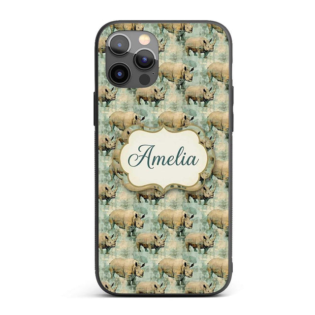 Vintage Textured Rhino Illustration in Earthy Custom Name Protective Phone Case Mobile Cover Durable Everyday Smartphone Shock Resistant