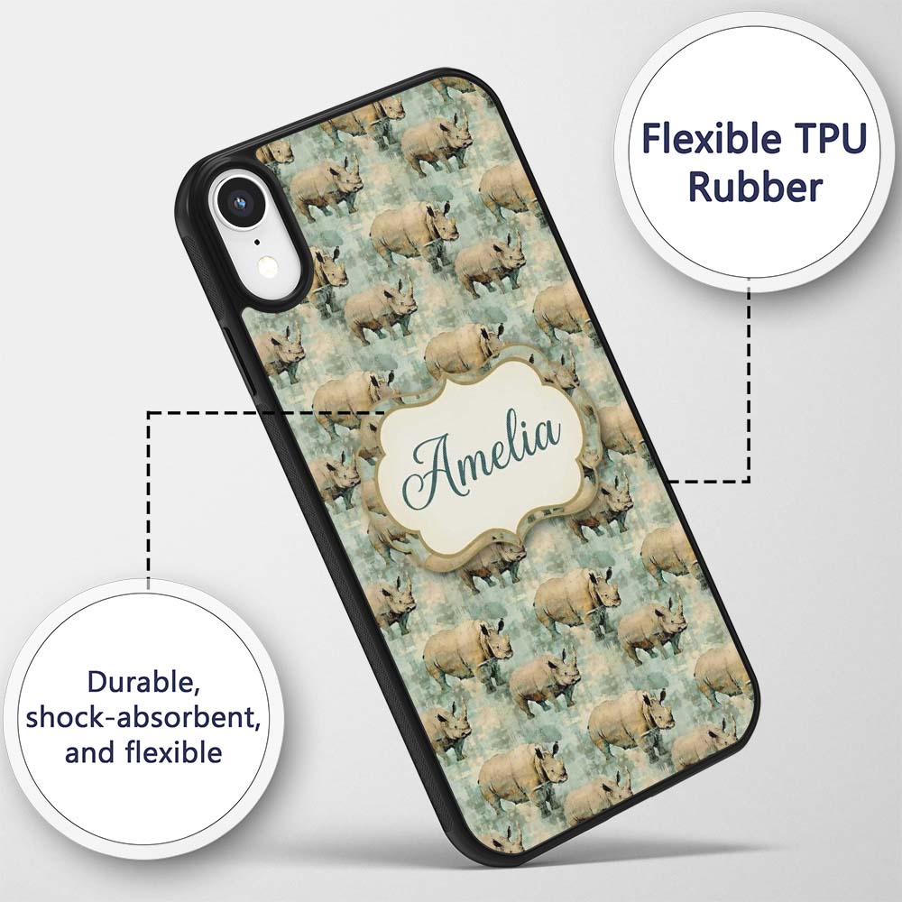 Vintage Textured Rhino Illustration in Earthy Custom Name Protective Phone Case Mobile Cover Durable Everyday Smartphone Shock Resistant