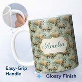 Personalized Custom Name Vintage Textured Rhino Illustration in Earthy Tones Seamless 11oz Ceramic Coffee Tea Mug White Large Handle