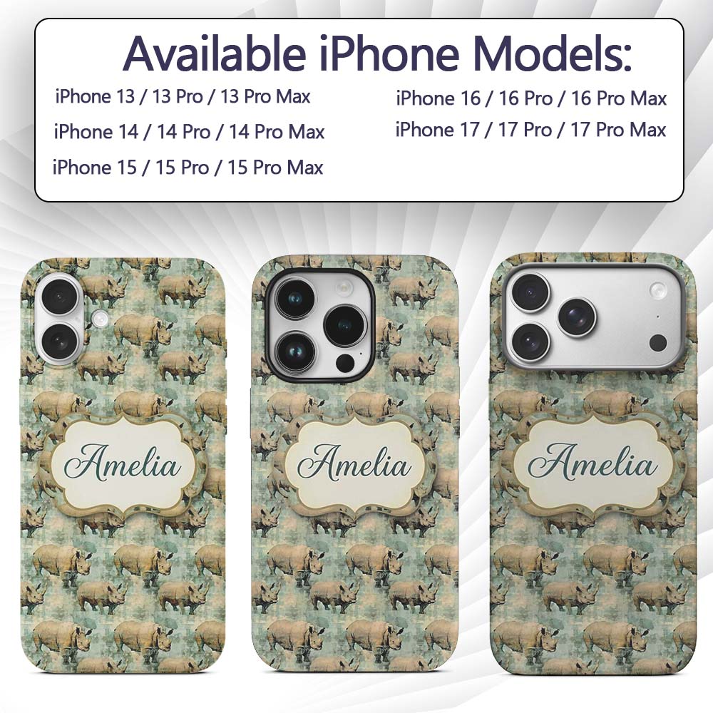Vintage Textured Rhino Illustration in Earthy Custom Name Protective Phone Case Mobile Cover Durable Everyday Smartphone Shock Resistant