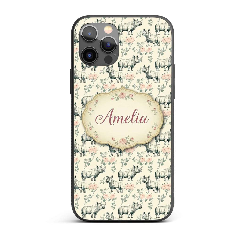 Classic Rhino Sketch with Floral Rose Details Custom Name Protective Phone Case Mobile Cover Durable Everyday Smartphone Shock Resistant