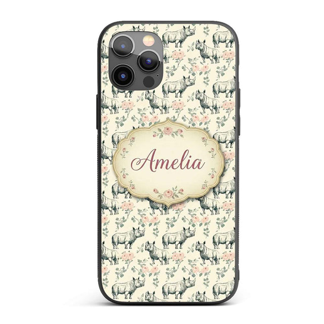 Classic Rhino Sketch with Floral Rose Details Custom Name Protective Phone Case Mobile Cover Durable Everyday Smartphone Shock Resistant