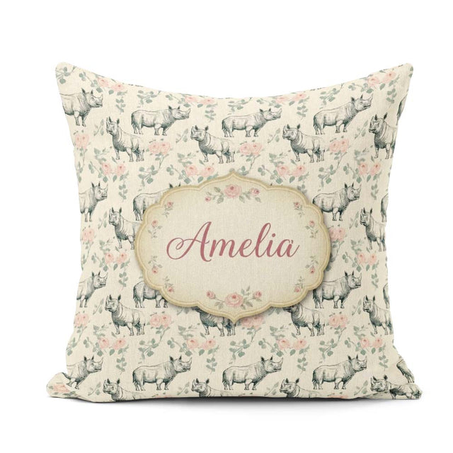 Custom Name Classic Rhino Sketch with Rose Details Seamless Name Square Filled Cushion Throw Pillow Sofa Bed Home Decor Zip Washable UK Made