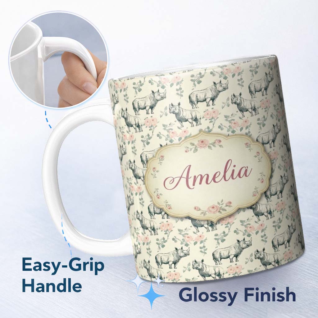 Personalized Custom Name Classic Rhino Sketch with Floral Rose Details Seamless Pattern Name 11oz Ceramic Coffee Tea Mug White Large Handle