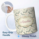 Personalized Custom Name Classic Rhino Sketch with Floral Rose Details Seamless Pattern Name 11oz Ceramic Coffee Tea Mug White Large Handle