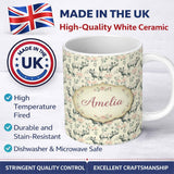 Personalized Custom Name Classic Rhino Sketch with Floral Rose Details Seamless Pattern Name 11oz Ceramic Coffee Tea Mug White Large Handle
