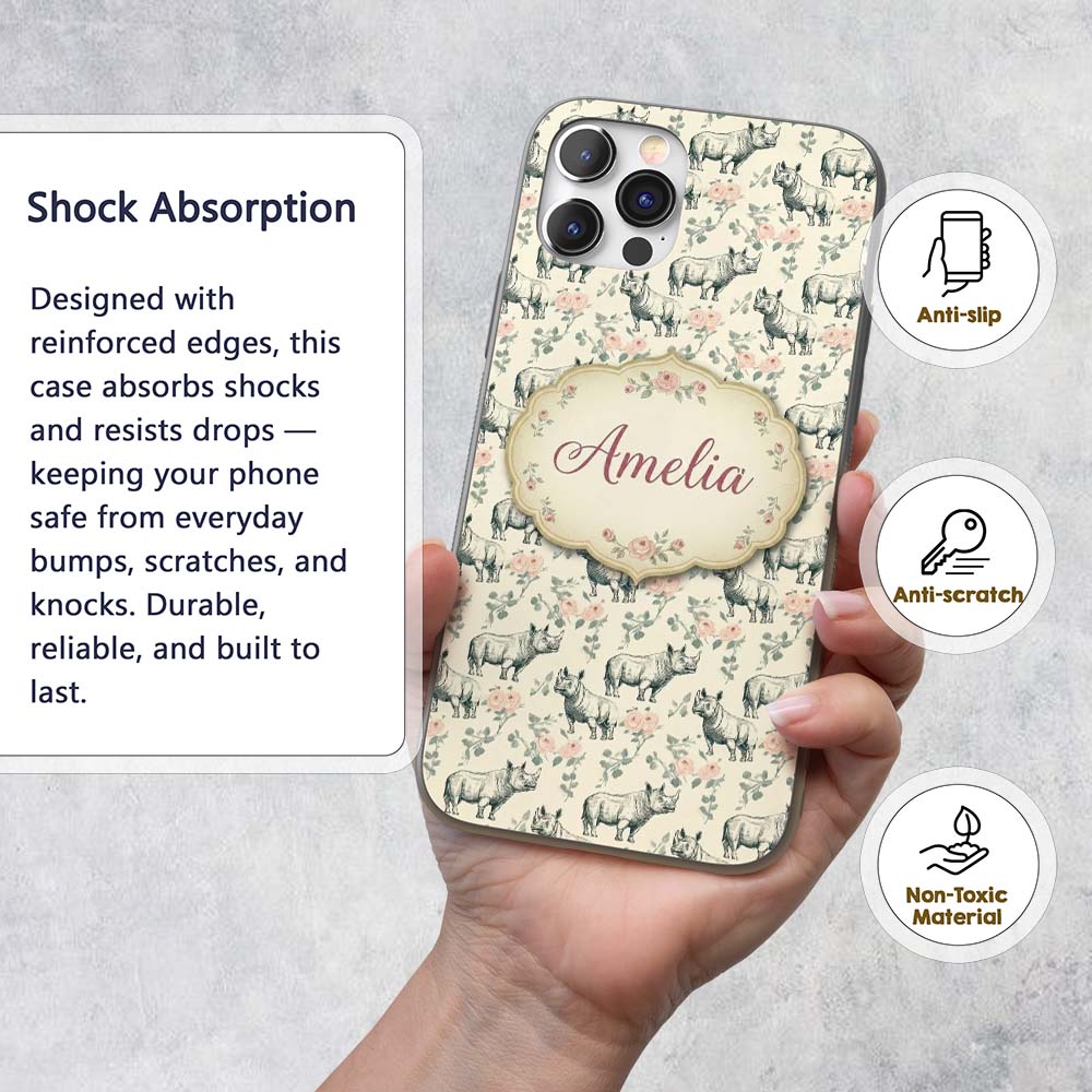 Classic Rhino Sketch with Floral Rose Details Custom Name Protective Phone Case Mobile Cover Durable Everyday Smartphone Shock Resistant