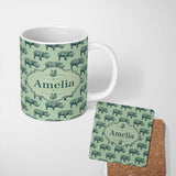 Personalized Custom Name Detailed Engraved Rhino on Green Background Seamless Pattern Name 11oz Ceramic Coffee Tea Mug White Large Handle