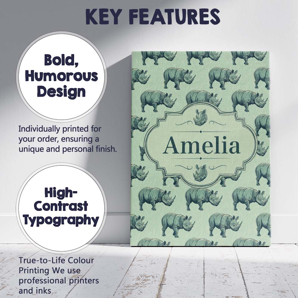 Personalised Name Detailed Engraved Rhino Custom  Unique Gift Idea Elegant Feature Canvas Wall Art Print Decor Picture Ready to Hang