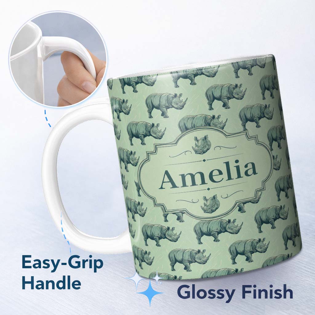 Personalized Custom Name Detailed Engraved Rhino on Green Background Seamless Pattern Name 11oz Ceramic Coffee Tea Mug White Large Handle