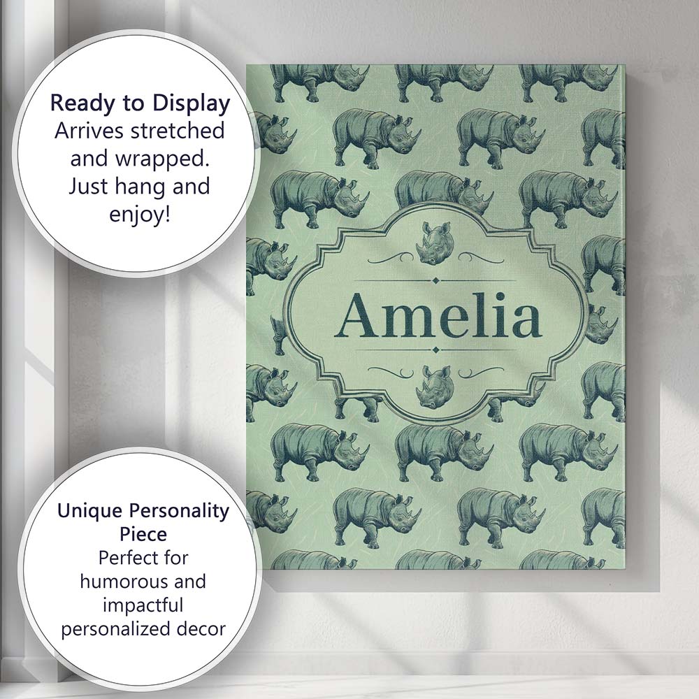 Personalised Name Detailed Engraved Rhino Custom  Unique Gift Idea Elegant Feature Canvas Wall Art Print Decor Picture Ready to Hang