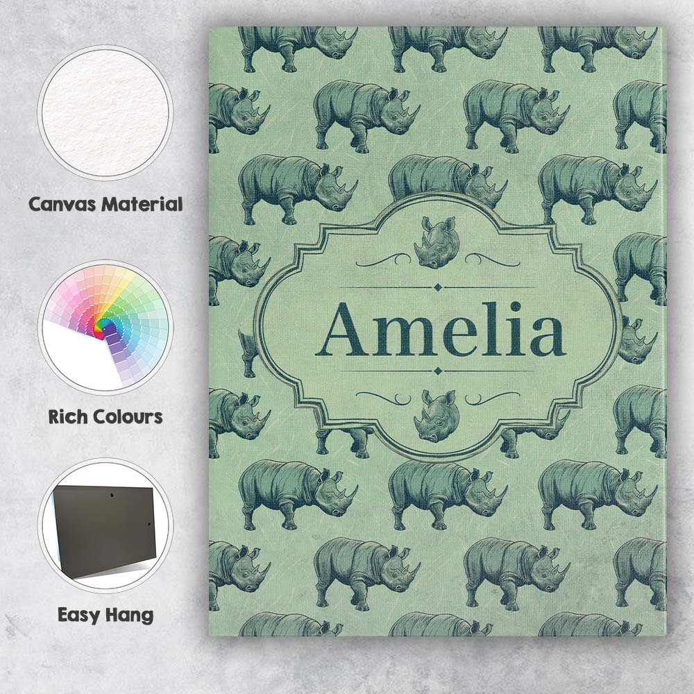 Personalised Name Detailed Engraved Rhino Custom  Unique Gift Idea Elegant Feature Canvas Wall Art Print Decor Picture Ready to Hang