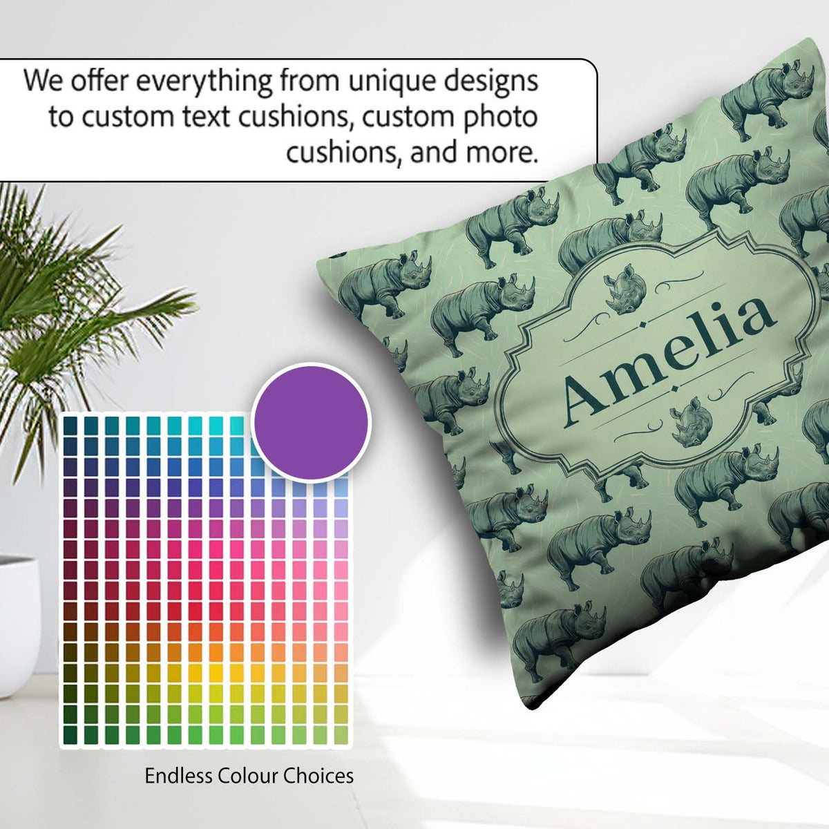 Custom Name Detailed Engraved Rhino on Green Background Seamless Square Filled Cushion Throw Pillow Sofa Bed Home Decor Zip Washable UK Made