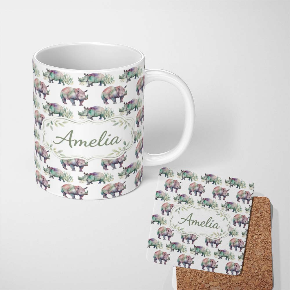 Personalized Custom Name Colorful Watercolor Rhino with Soft Grass Elements Seamless Pattern 11oz Ceramic Coffee Tea Mug White Large Handle