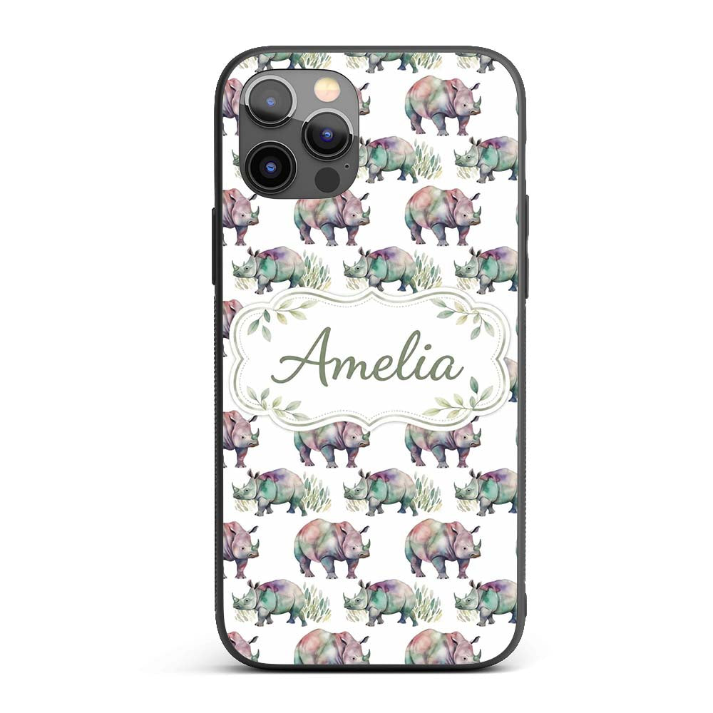 Colorful Watercolor Rhino with Printed Design Custom Name Protective Phone Case Mobile Cover Durable Everyday Smartphone Shock Resistant