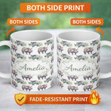 Personalized Custom Name Colorful Watercolor Rhino with Soft Grass Elements Seamless Pattern 11oz Ceramic Coffee Tea Mug White Large Handle