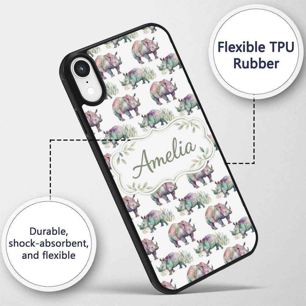Colorful Watercolor Rhino with Printed Design Custom Name Protective Phone Case Mobile Cover Durable Everyday Smartphone Shock Resistant
