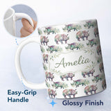 Personalized Custom Name Colorful Watercolor Rhino with Soft Grass Elements Seamless Pattern 11oz Ceramic Coffee Tea Mug White Large Handle