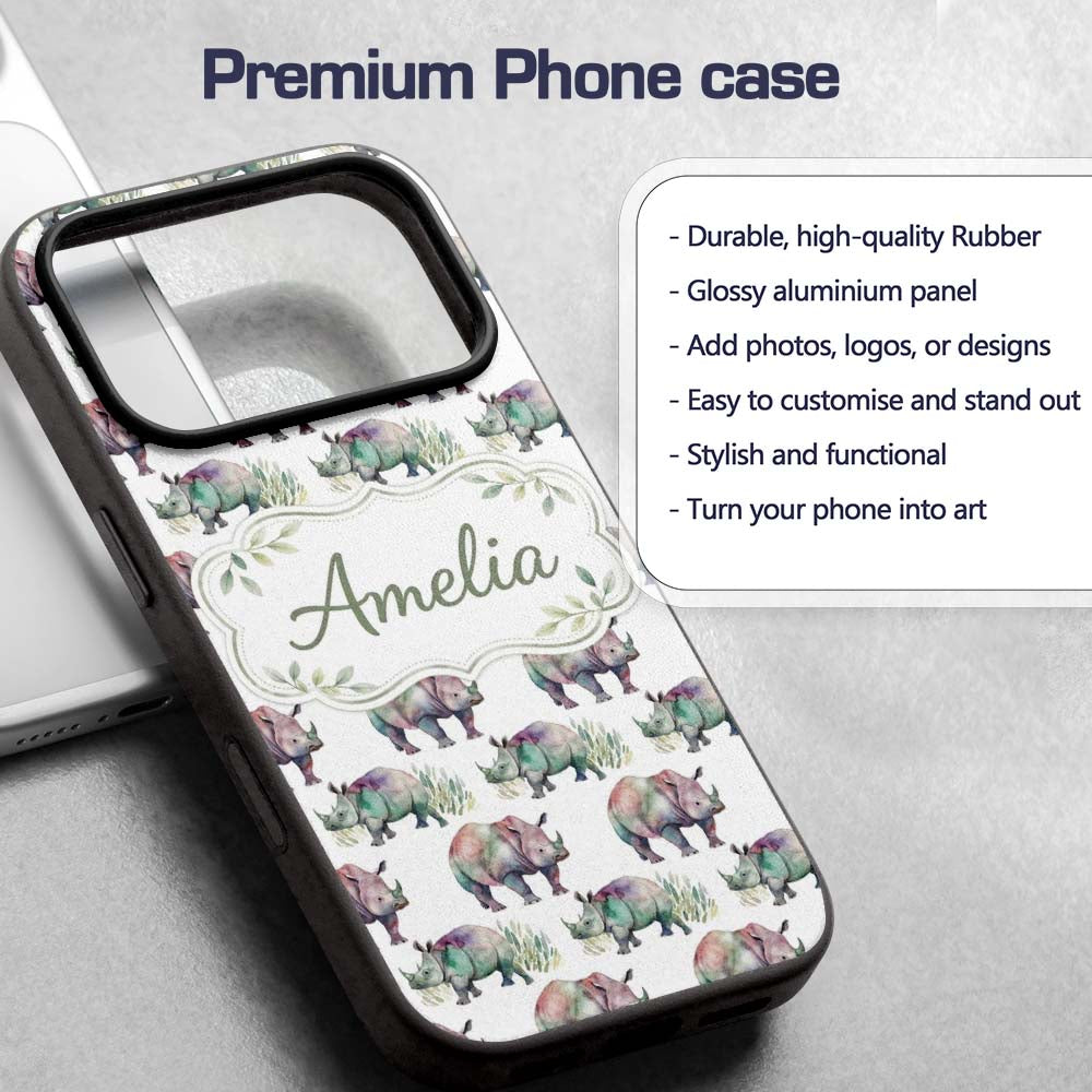 Colorful Watercolor Rhino with Printed Design Custom Name Protective Phone Case Mobile Cover Durable Everyday Smartphone Shock Resistant