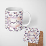 Personalized Custom Name Pastel Purple Watercolor Rhino with Soft Diamond Shapes Seamless 11oz Ceramic Coffee Tea Mug White Large Handle