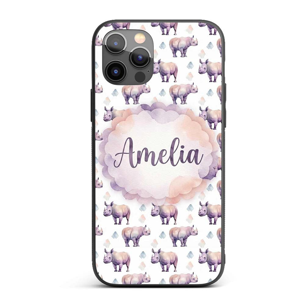 Pastel Purple Watercolor Rhino with Soft Diamond Custom Name Protective Phone Case Mobile Cover Durable Everyday Smartphone Shock Resistant