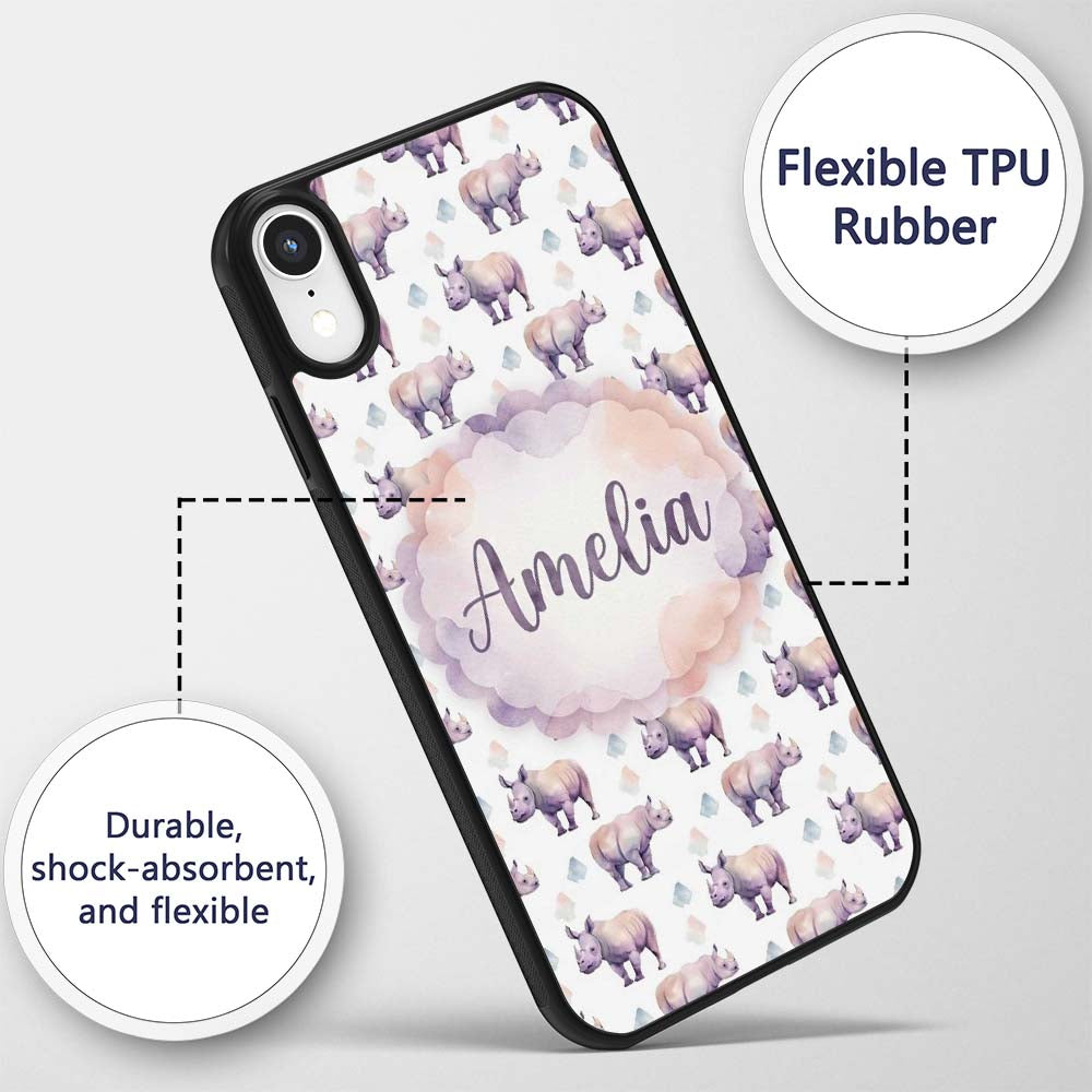 Pastel Purple Watercolor Rhino with Soft Diamond Custom Name Protective Phone Case Mobile Cover Durable Everyday Smartphone Shock Resistant
