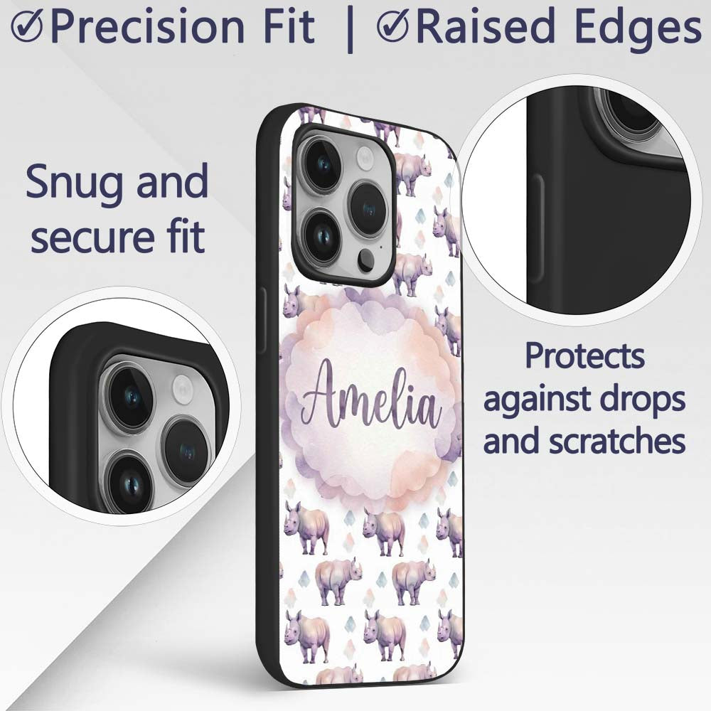 Pastel Purple Watercolor Rhino with Soft Diamond Custom Name Protective Phone Case Mobile Cover Durable Everyday Smartphone Shock Resistant