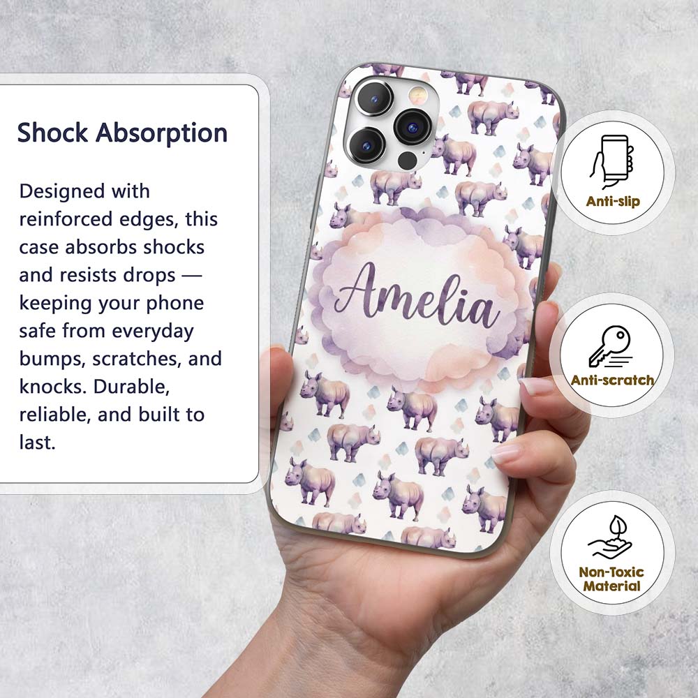 Pastel Purple Watercolor Rhino with Soft Diamond Custom Name Protective Phone Case Mobile Cover Durable Everyday Smartphone Shock Resistant