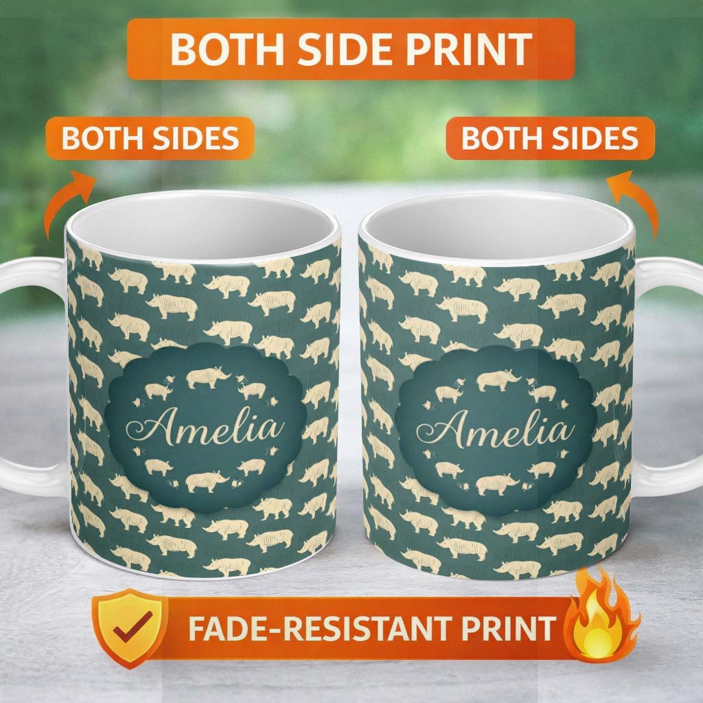 Personalized Custom Name Minimal Beige Rhino Silhouette on Green Grass Background Seamless 11oz Ceramic Coffee Tea Mug White Large Handle