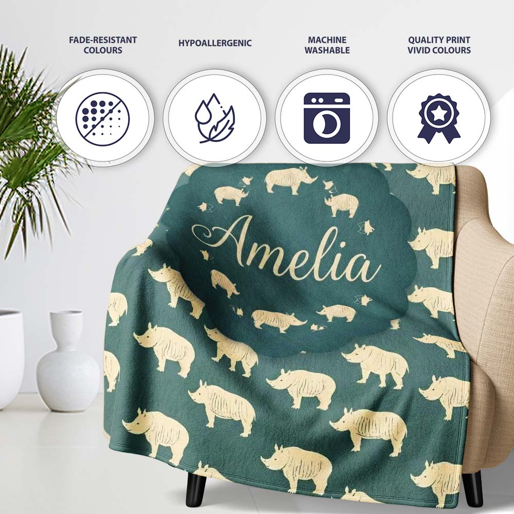 Minimal Beige Rhino Silhouette on Green Grass Background Seamless  Personalised Custom Name Super Soft Fleece Blanket Bed Sofa Throw