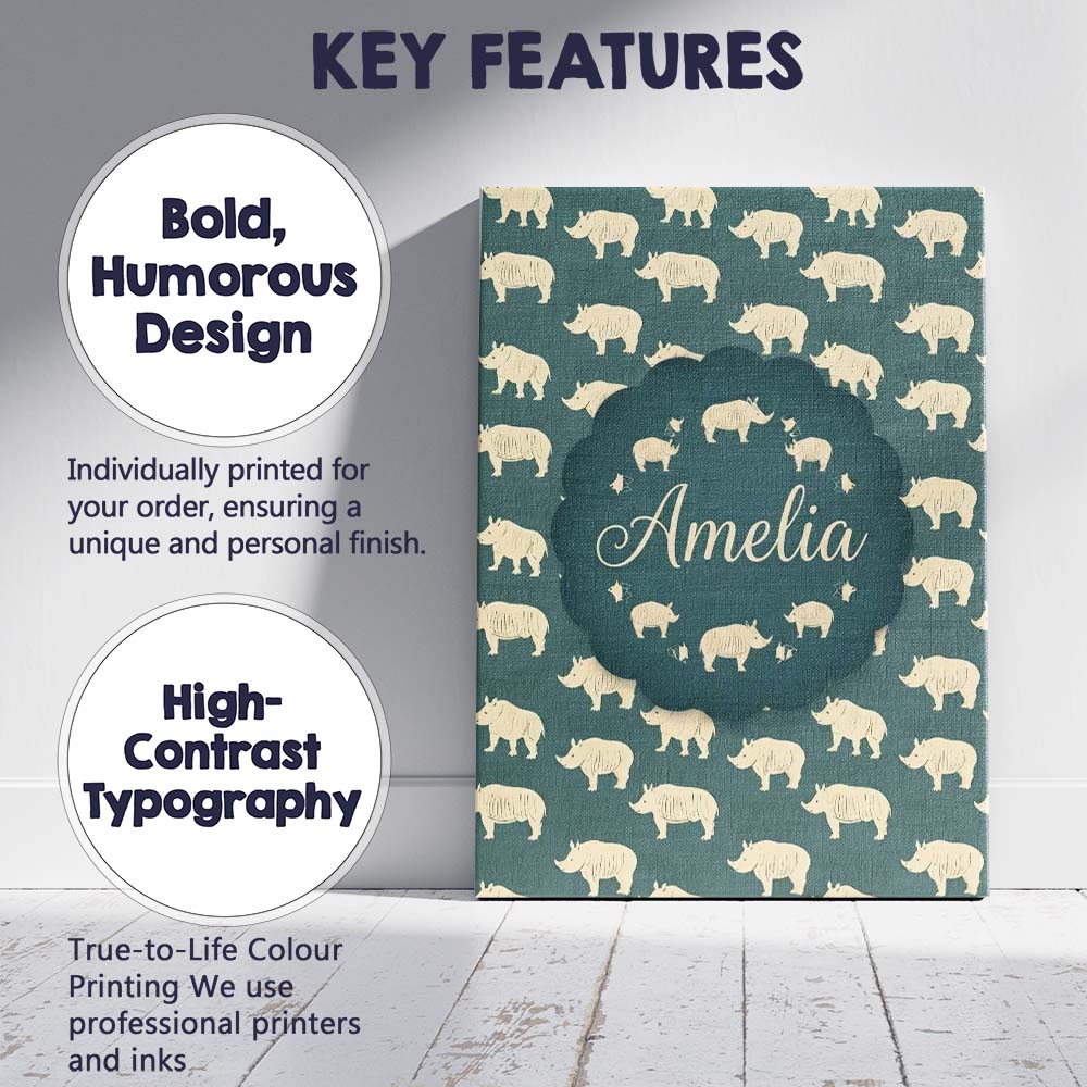 Personalised Name Minimal Beige Rhino Custom Modern Room Accent Creative Decorator Style Canvas Wall Art Print Decor Picture Ready to Hang
