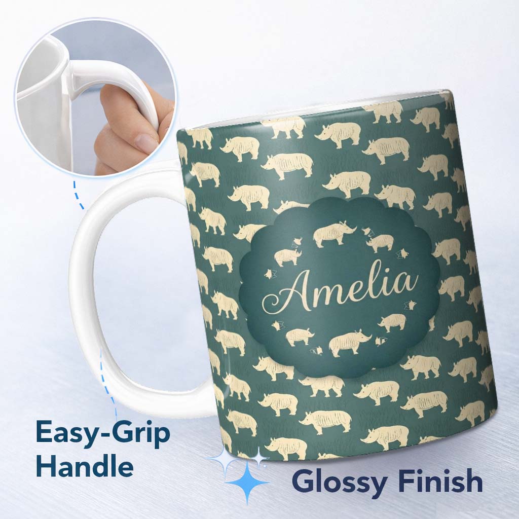 Personalized Custom Name Minimal Beige Rhino Silhouette on Green Grass Background Seamless 11oz Ceramic Coffee Tea Mug White Large Handle