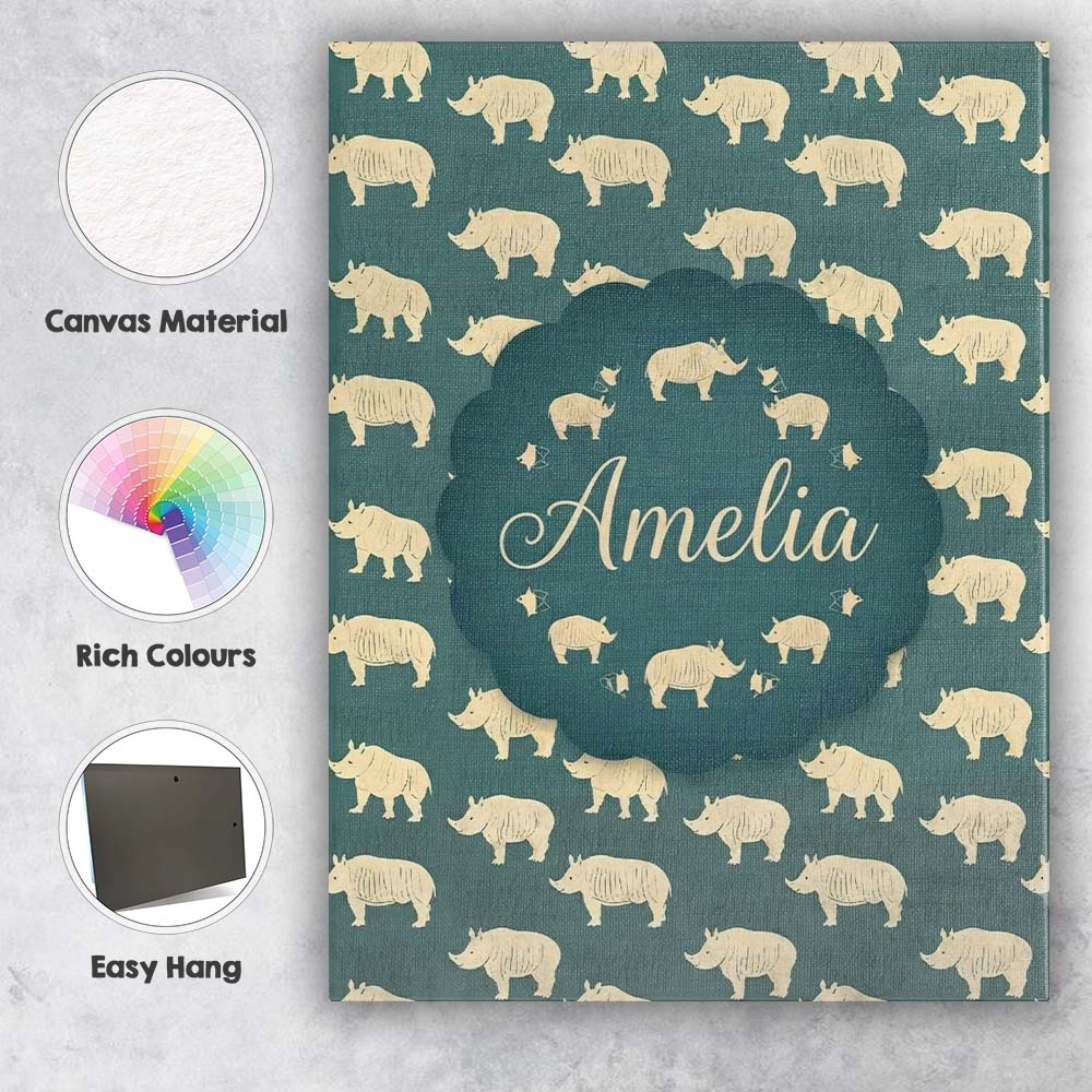 Personalised Name Minimal Beige Rhino Custom Modern Room Accent Creative Decorator Style Canvas Wall Art Print Decor Picture Ready to Hang