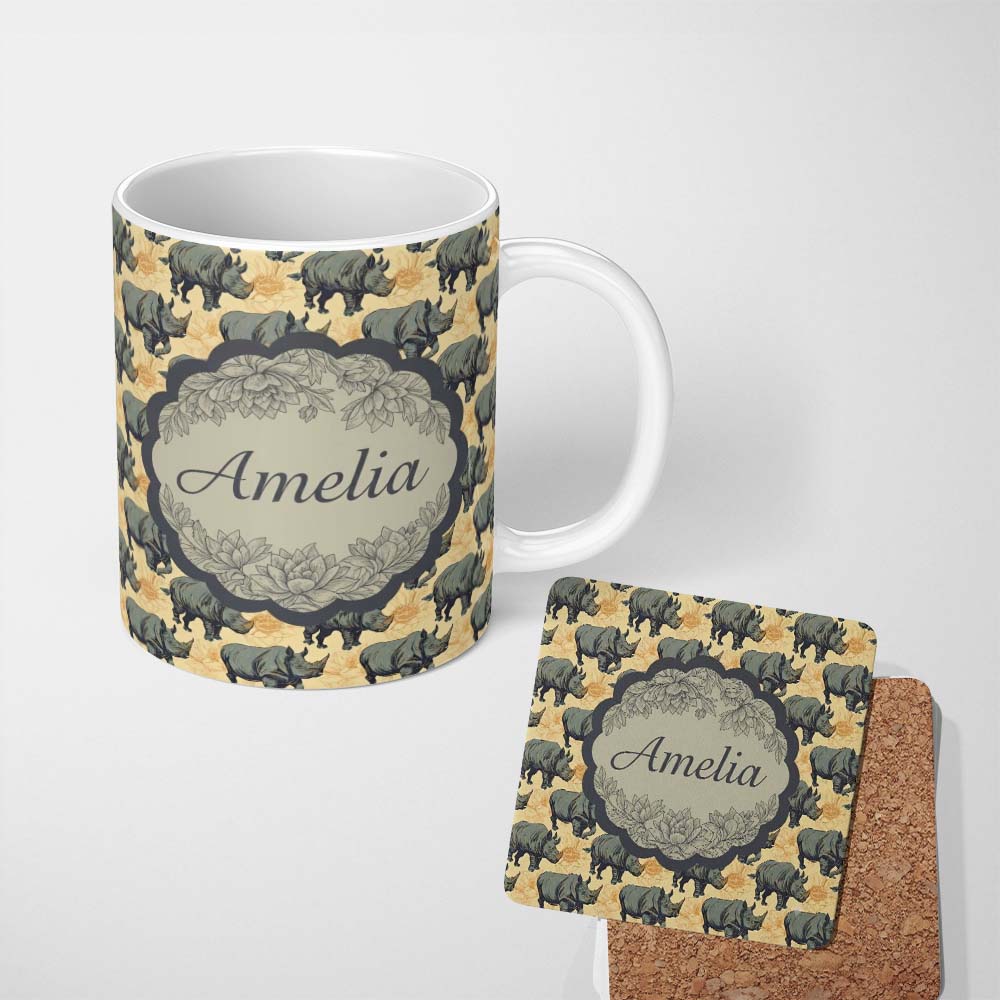 Personalized Custom Name Dark Rhino with Floral Line Art Background Seamless Pattern Name 11oz Ceramic Coffee Tea Mug White Large Handle
