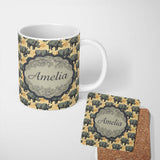 Personalized Custom Name Dark Rhino with Floral Line Art Background Seamless Pattern Name 11oz Ceramic Coffee Tea Mug White Large Handle