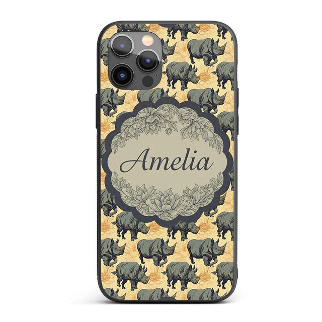 Dark Rhino with Floral Line Art Printed Design Custom Name Protective Phone Case Mobile Cover Durable Everyday Smartphone Shock Resistant