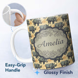 Personalized Custom Name Dark Rhino with Floral Line Art Background Seamless Pattern Name 11oz Ceramic Coffee Tea Mug White Large Handle