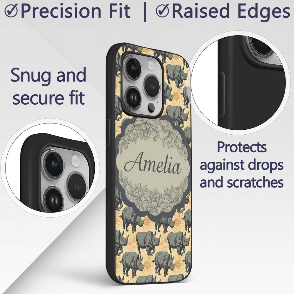 Dark Rhino with Floral Line Art Printed Design Custom Name Protective Phone Case Mobile Cover Durable Everyday Smartphone Shock Resistant