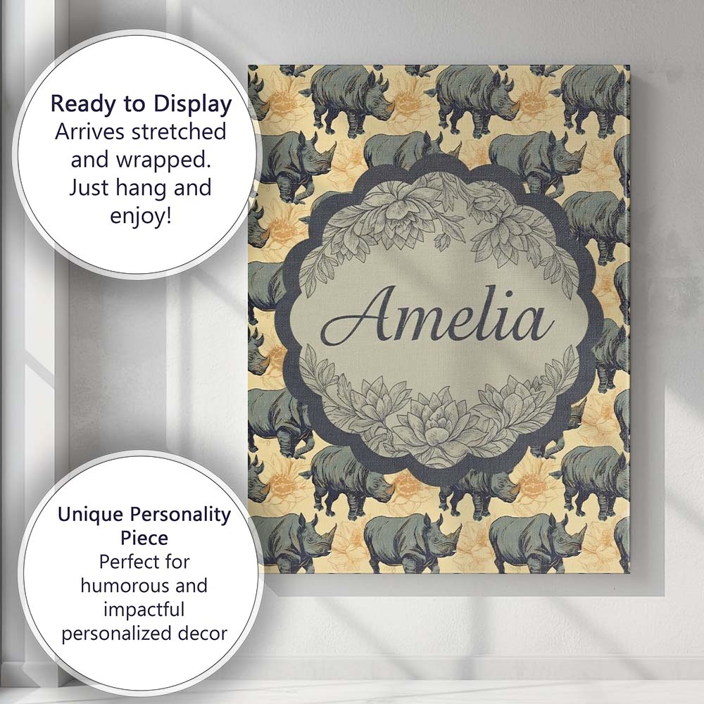 Personalised Name Dark Rhino with Floral Custom  Unique Gift Idea Elegant Feature Canvas Wall Art Print Decor Picture Ready to Hang