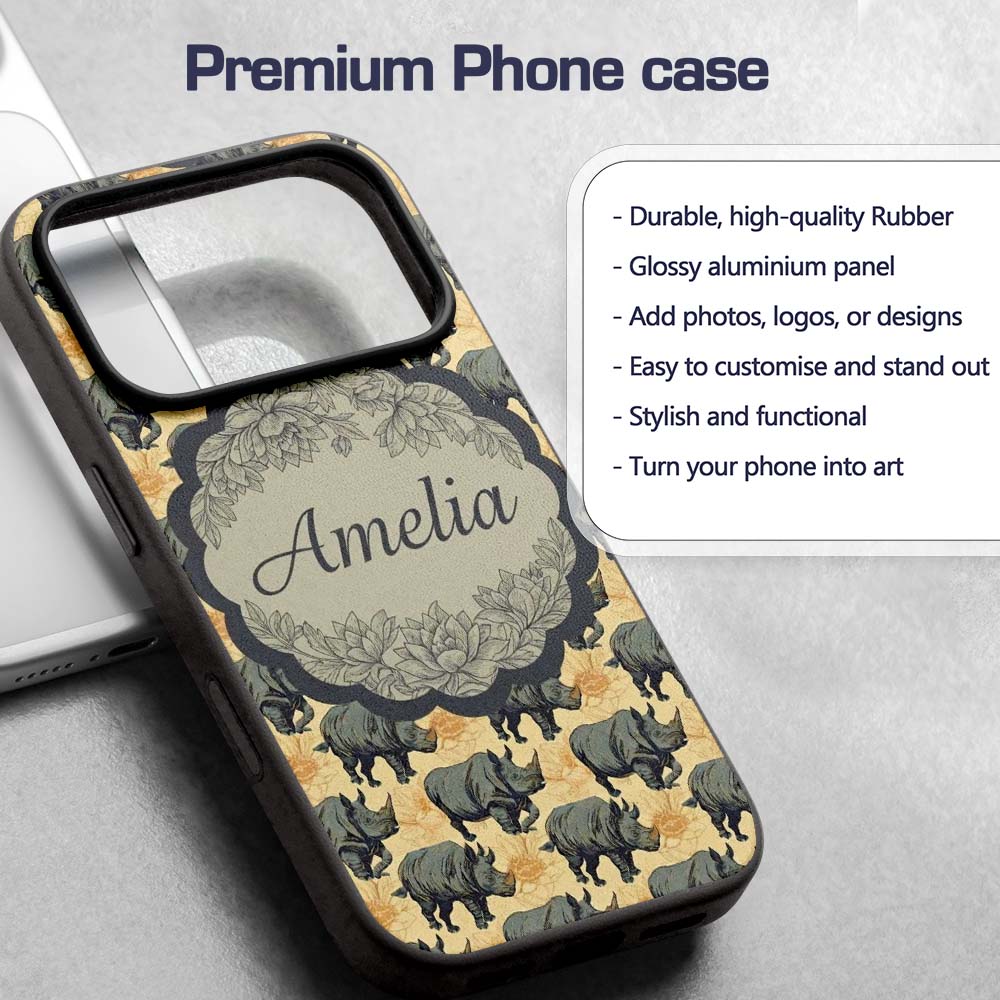 Dark Rhino with Floral Line Art Printed Design Custom Name Protective Phone Case Mobile Cover Durable Everyday Smartphone Shock Resistant